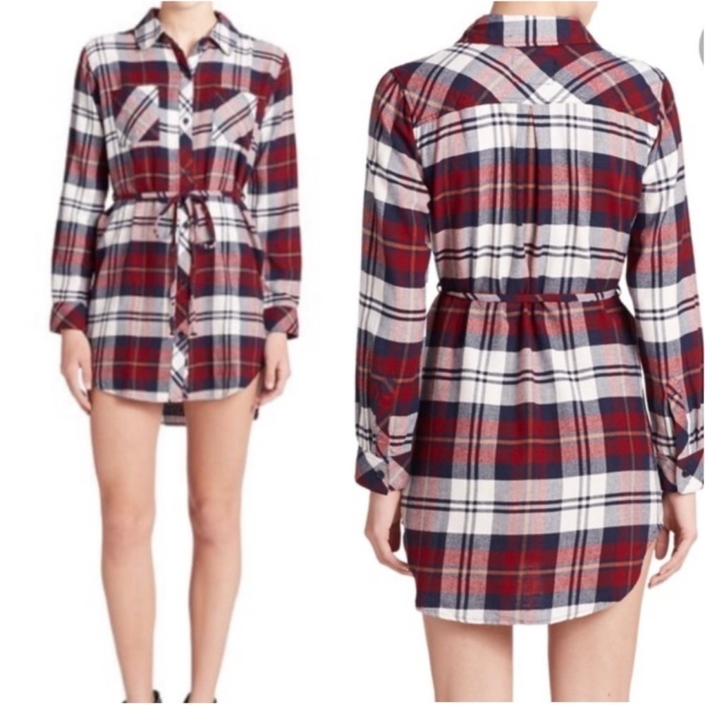 Rails Dress Nadine Button Down Long Sleeve Mini Plaid Red Navy White S